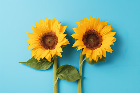 Two yellow sunflowers with green leaves on blue background, top viewの素材