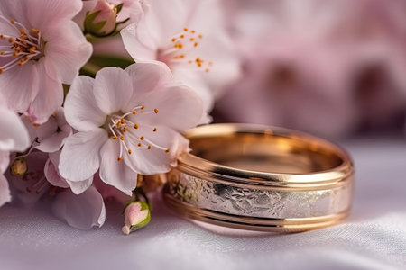 Wedding rings and cherry blossom flowers on a white backgroundの素材