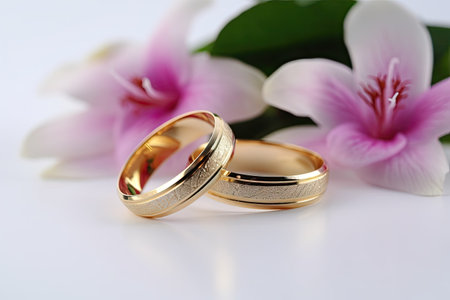 Wedding rings and flowers on white background, close-upの素材