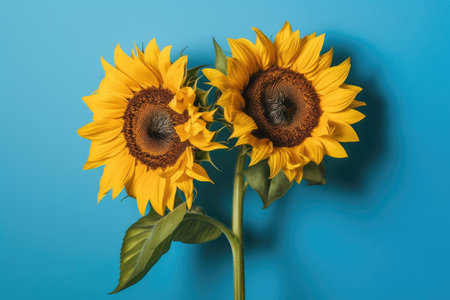 Two sunflowers on a blue background. close-up.の素材