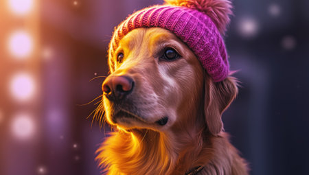 Golden Retriever dog in a pink hat and scarf on a dark background.の素材