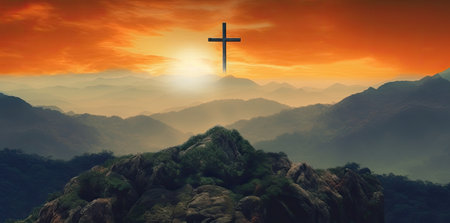 Cross on the top of the mountain at sunset. 3d renderingの素材