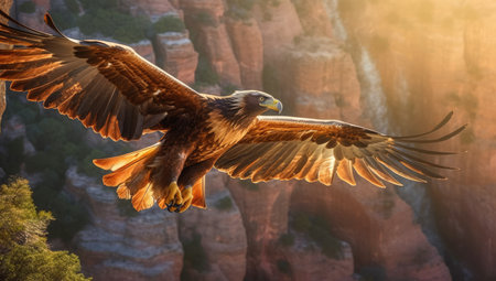 White-tailed Eagle (Haliaeetus albicilla) flying in the mountains. sunset light.の素材