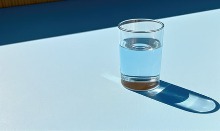 A glass of water on a blue background with a shadow from the sunの素材