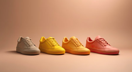 3d rendering of a row of colorful sneakers on a brown backgroundの素材