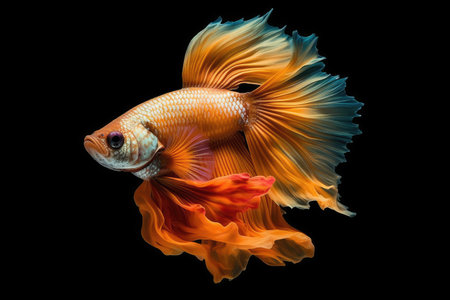 Capture the moving moment of orange siamese fighting fish isolated on black background. beta fish.の素材