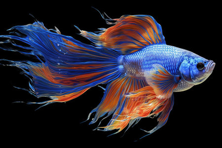 Capture the moving moment of blue siamese fighting fish isolated on black background. beta fish.の素材