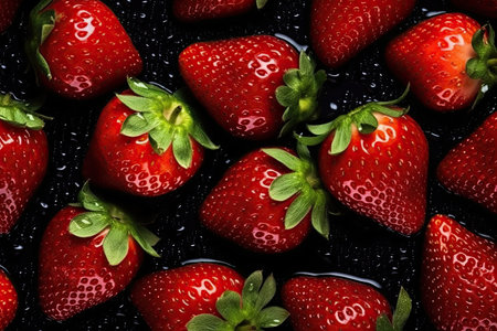 Strawberries with water drops on black background. top view.の素材