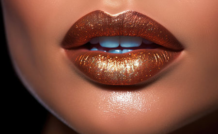 Close-up shot of beautiful female lips with glossy red lipstick.の素材