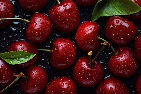 Fresh cherry with water drops on black background. top view.の素材