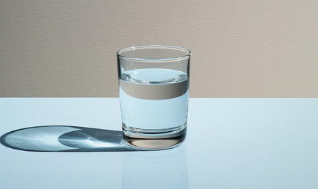 Glass of water on the table with shadow on white wall background.の素材