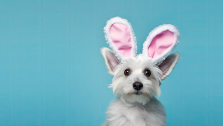 Cute West Highland White Terrier puppy wearing bunny ears on blue backgroundの素材