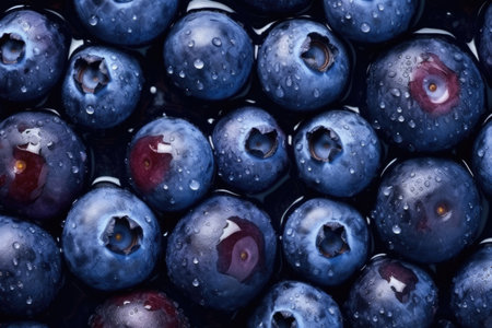 blueberry background. Fresh blueberries with water drops. top view.の素材