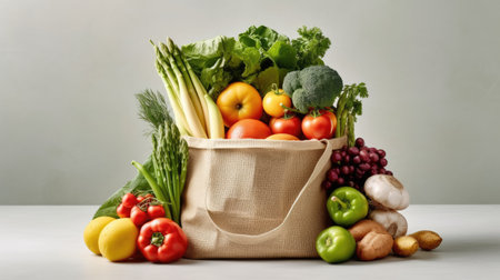 vegetables and fruits in a shopping bag on a gray backgroundの素材