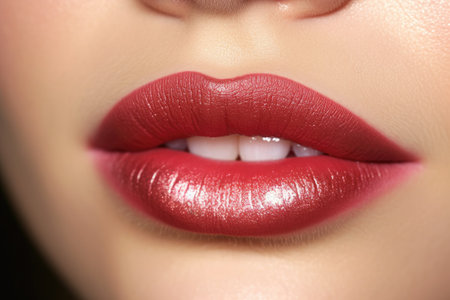 Closeup of beautiful female lips with red lipstick. perfect make upの素材