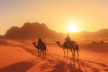 Camels in the Sahara desert at sunset. 3d illustration.の素材