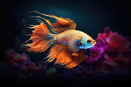 Capture the moving moment of yellow siamese fighting fish isolated on black background. beta fish.の素材