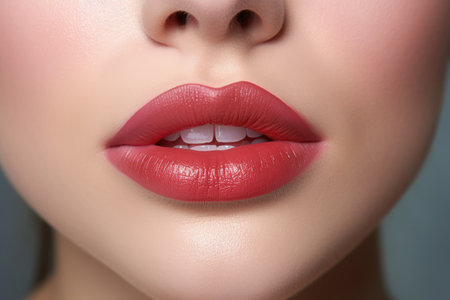 Beautiful female lips with bright red lipstick. close-up.の素材