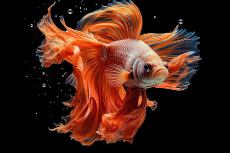 Capture the moving moment of orange siamese fighting fish isolated on black background. beta fish.の素材