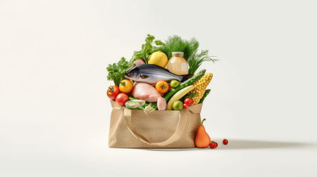 Shopping bag with fresh vegetables and fish on a white background.の素材