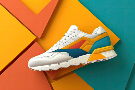 Conceptual 3d illustration of sport sneakers over colorful background.の素材