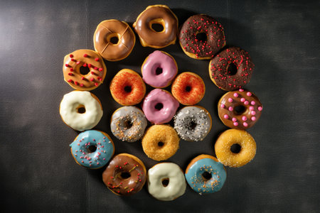 Colorful glazed donuts on a black background, top viewの素材