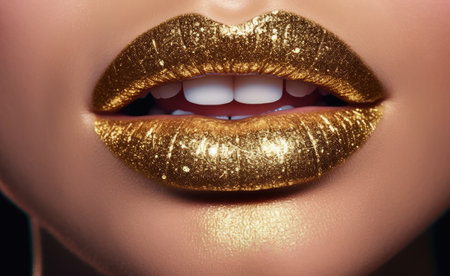 Close-up shot of beautiful female lips with golden glossy lips makeup.の素材