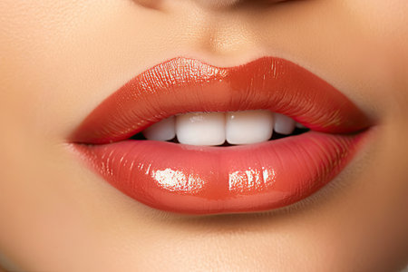 Beautiful female lips close up. Perfect make-up. Red gloss lips.の素材