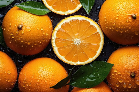 Oranges with leaves on a black background. Top view, flat layの素材