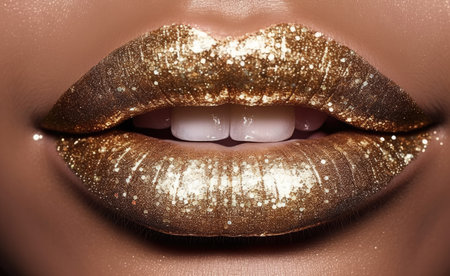 Closeup shot of beautiful female lips with golden glitter makeup. Smiling girl with gold lips makeup.の素材