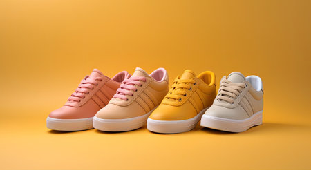 Pair of colorful sneakers isolated on yellow background with copy space.の素材