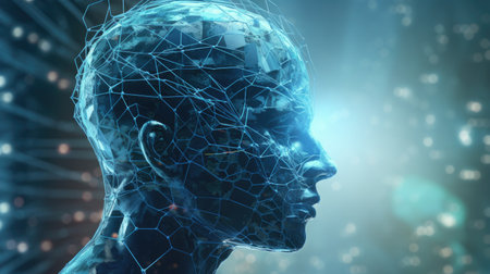 3D rendering of human head with digital brain interface on dark backgroundの素材