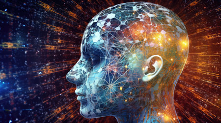 3D rendering of a human head with technology interface and binary codeの素材