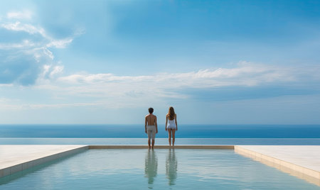 Young couple standing on the edge of infinity swimming pool with sea viewの素材