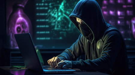 Hacker using laptop in dark room. Computer security concept. 3D Renderingの素材