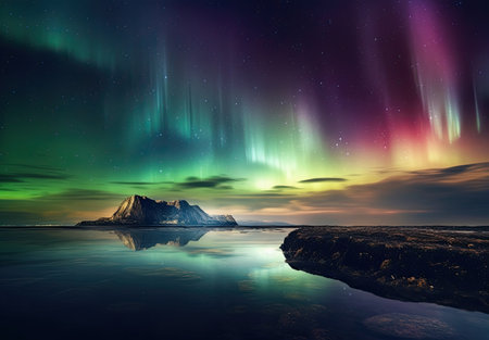 Northern lights over Lofoten islands, Norway, Scandinaviaの素材