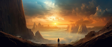 fantasy alien planet. mountain and man. 3D illustration.の素材