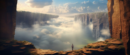 Man standing on the edge of cliff and looking at the misty valleyの素材