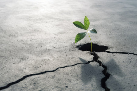 Green seedling growing from crack in the ground. concept of new lifeの素材