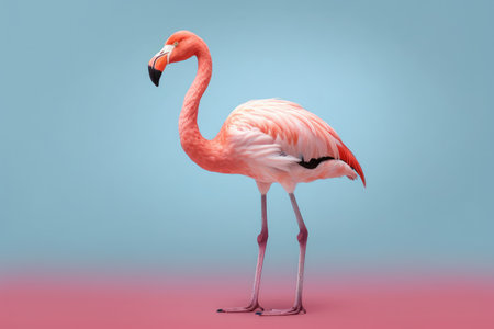 Pink flamingo isolated on blue background. minimal design. 3d renderingの素材