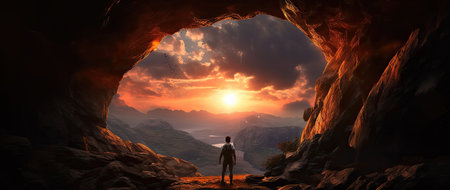 Fantasy landscape with a man standing in a cave. 3d renderingの素材