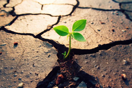 Green sprout growing from crack soil. Concept of global warming.の素材