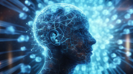 3D rendering of human head with circuit brain against glowing blue backgroundの素材
