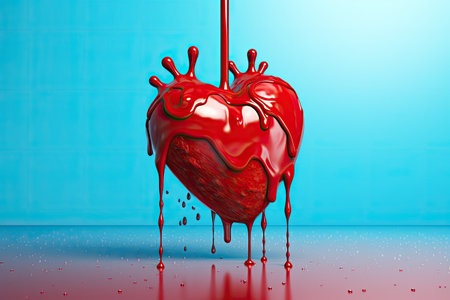 3D illustration of a red heart with drops of blood on a blue backgroundの素材
