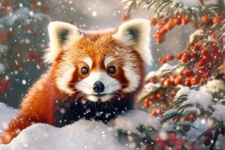 Red panda in winter forest. Cute animal in snowfall.の素材