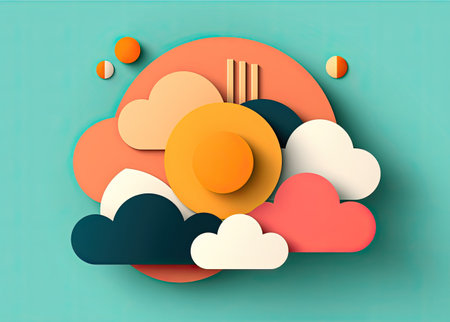 3D paper cut background with clouds and sun. vector illustration.の素材