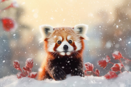 Red panda in the snow. Red cat in winter forest.の素材