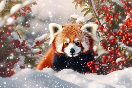 Red panda in winter forest. Red panda in snow.の素材