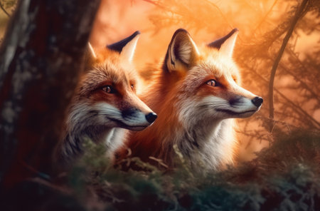 Red foxes in the forest at sunset, close up portrait.の素材