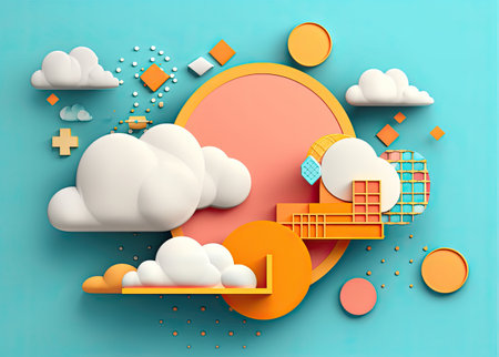3d render of abstract background with clouds and stationery in paper cut styleの素材